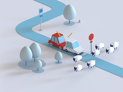 cartoon image of two vehicles collided as sheep are crossing the road