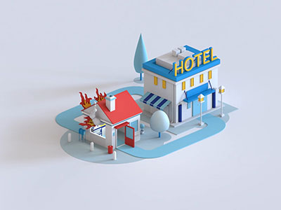 cartoon image of a house on fire next to a hotel