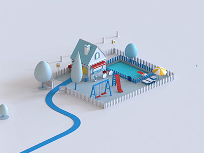 cartoon image of a house inside a fence, with a pool, playground and some trees