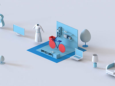cartoon image of TV, dress, bike, laptop and lamp displayed in a conveyer belt fashion